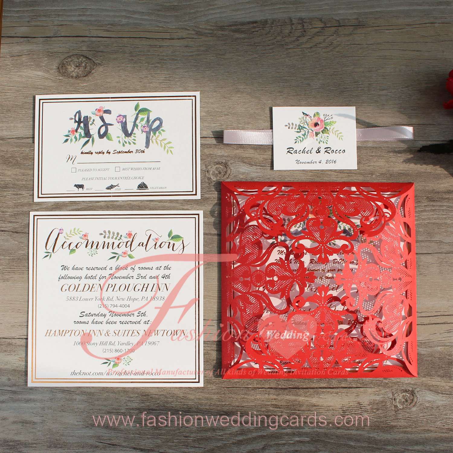 Shimmer Red Laser Cut Wedding Invitations Printed